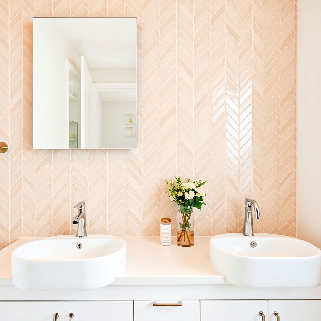 white fixtures with beige herringbone backsplash