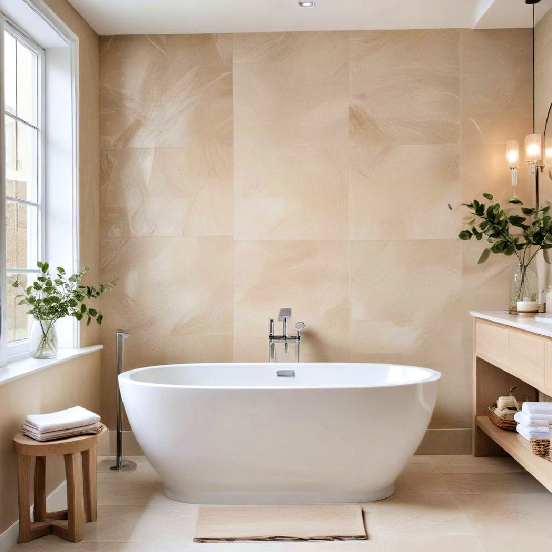 white freestanding tub with beige surround