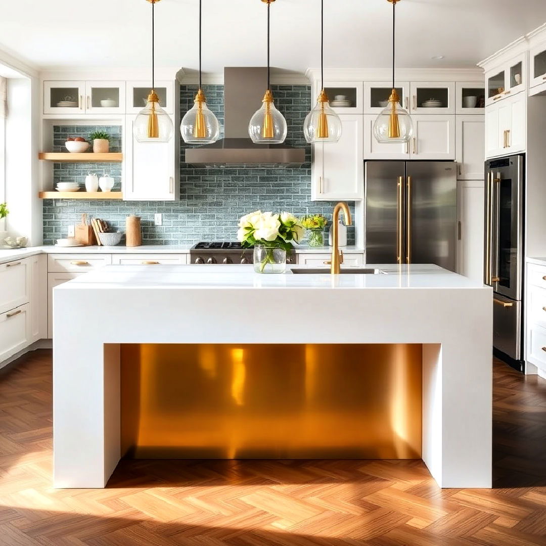 white kitchen island with gold base