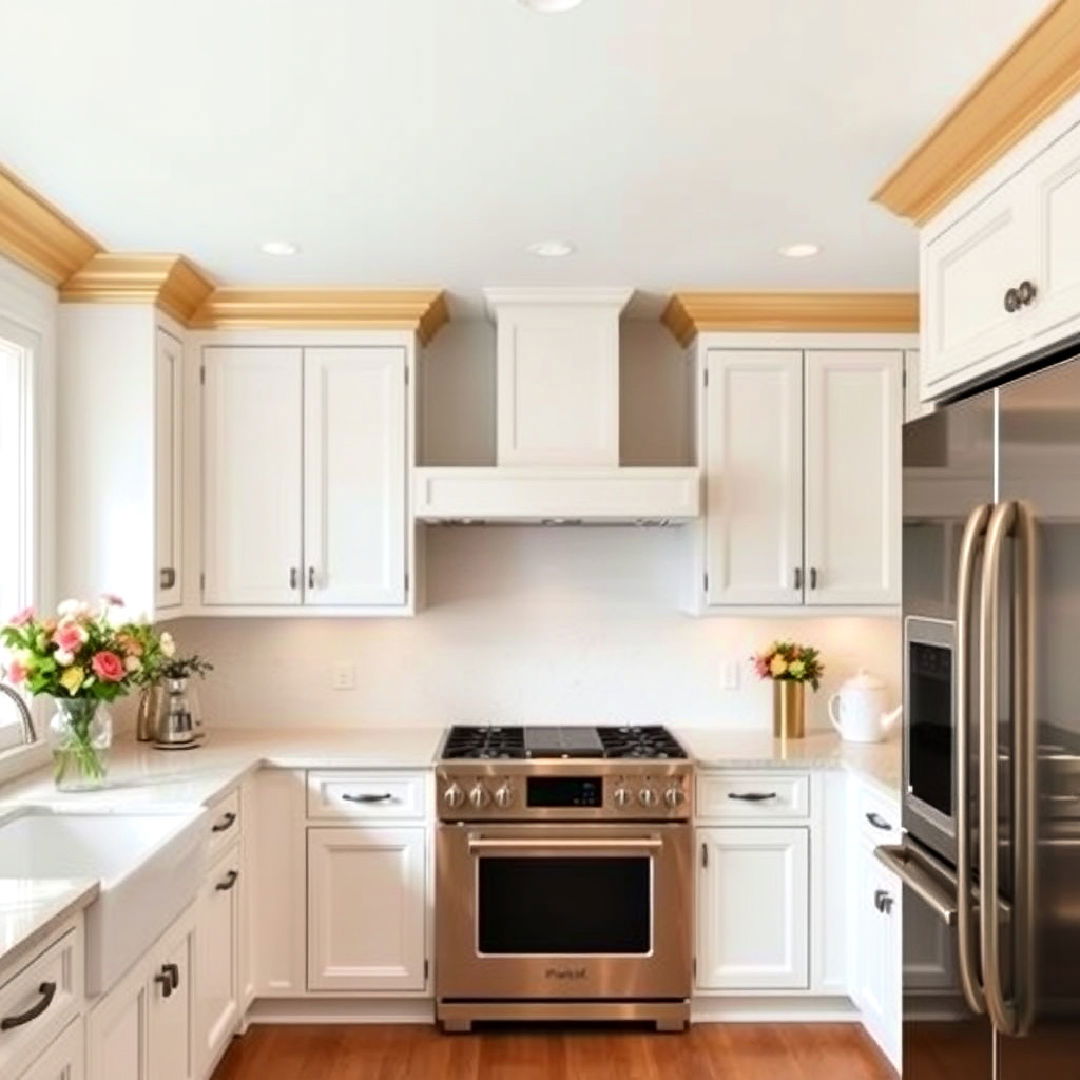 white kitchen with gold crown molding