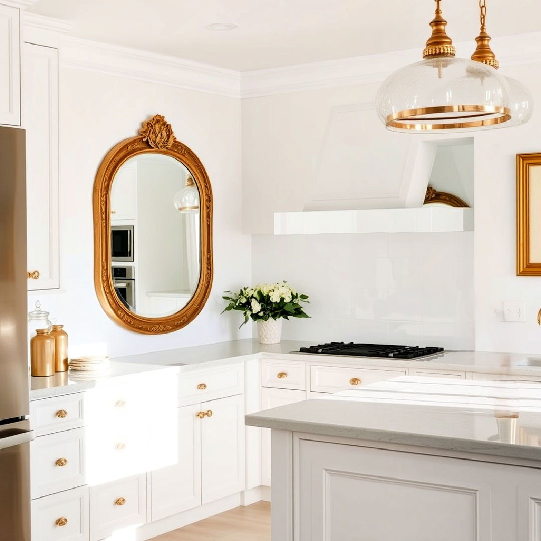 white kitchen with gold framed mirrors