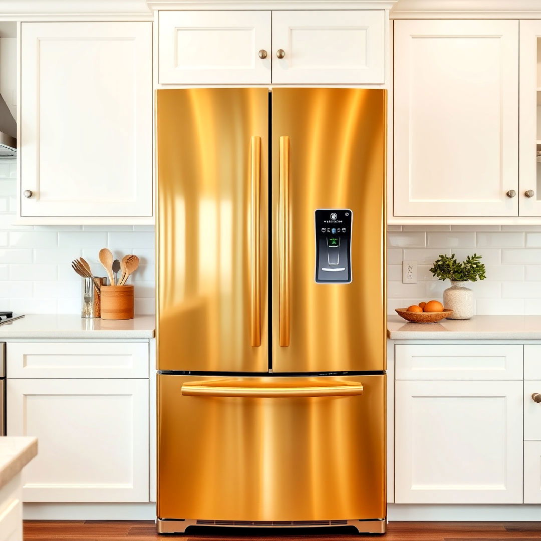 white kitchen with gold fridge