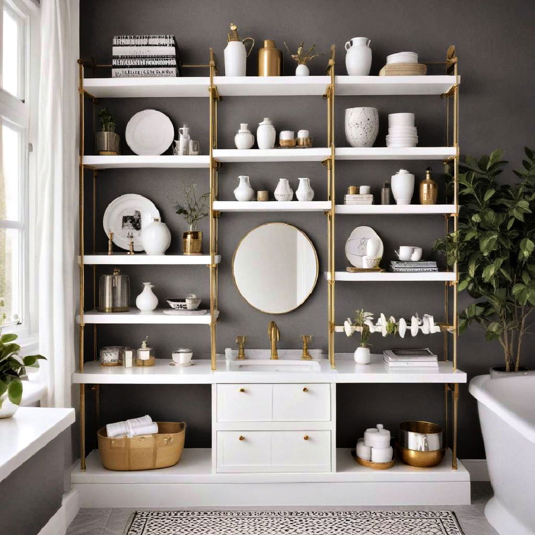 white open shelving with gold brackets