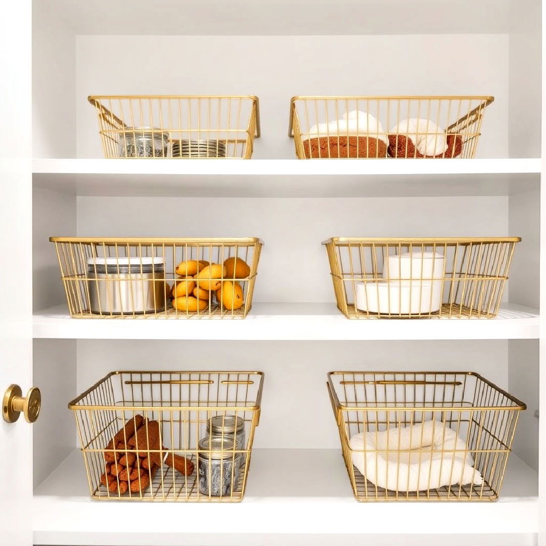 white pantry with gold wire baskets