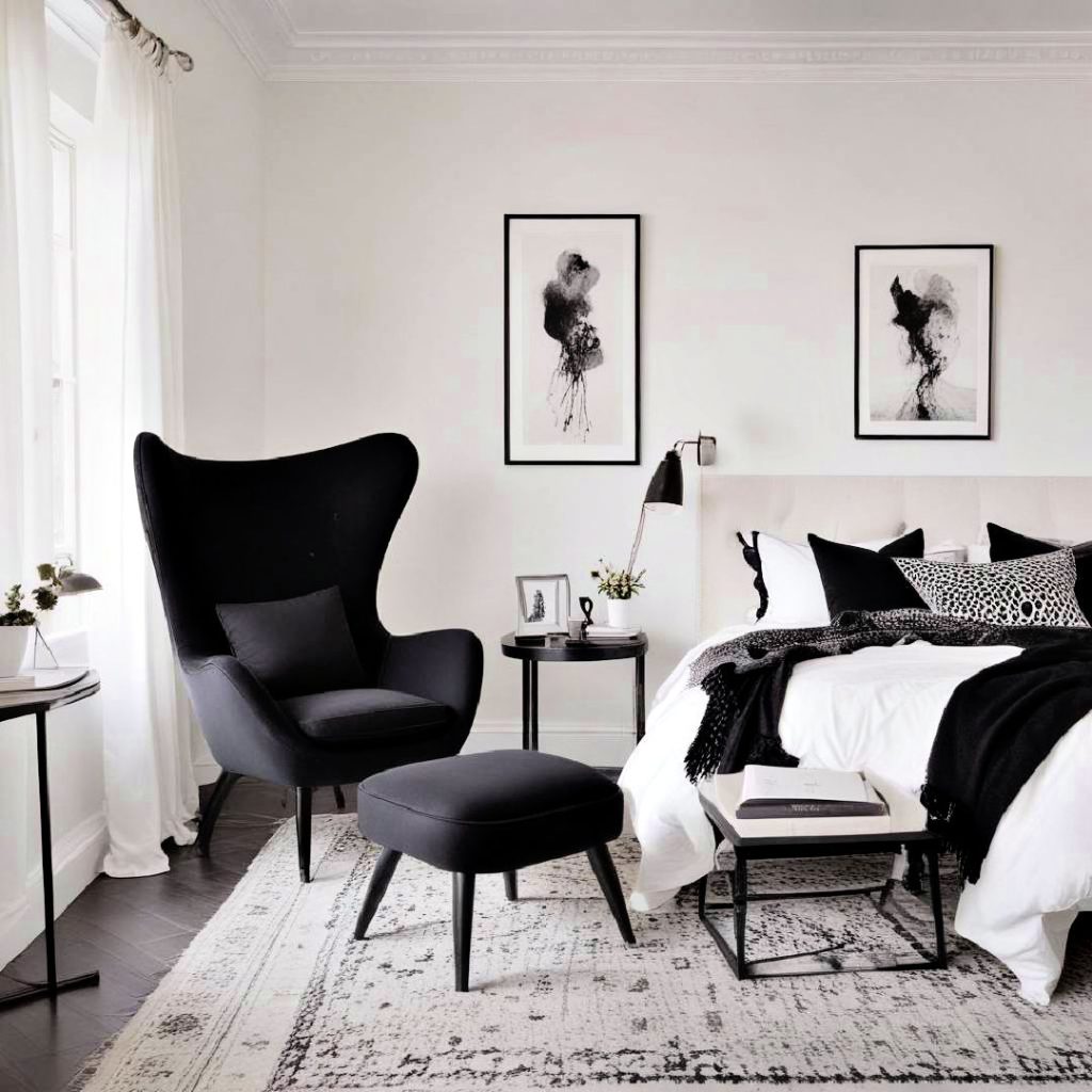 white room with black statement chair