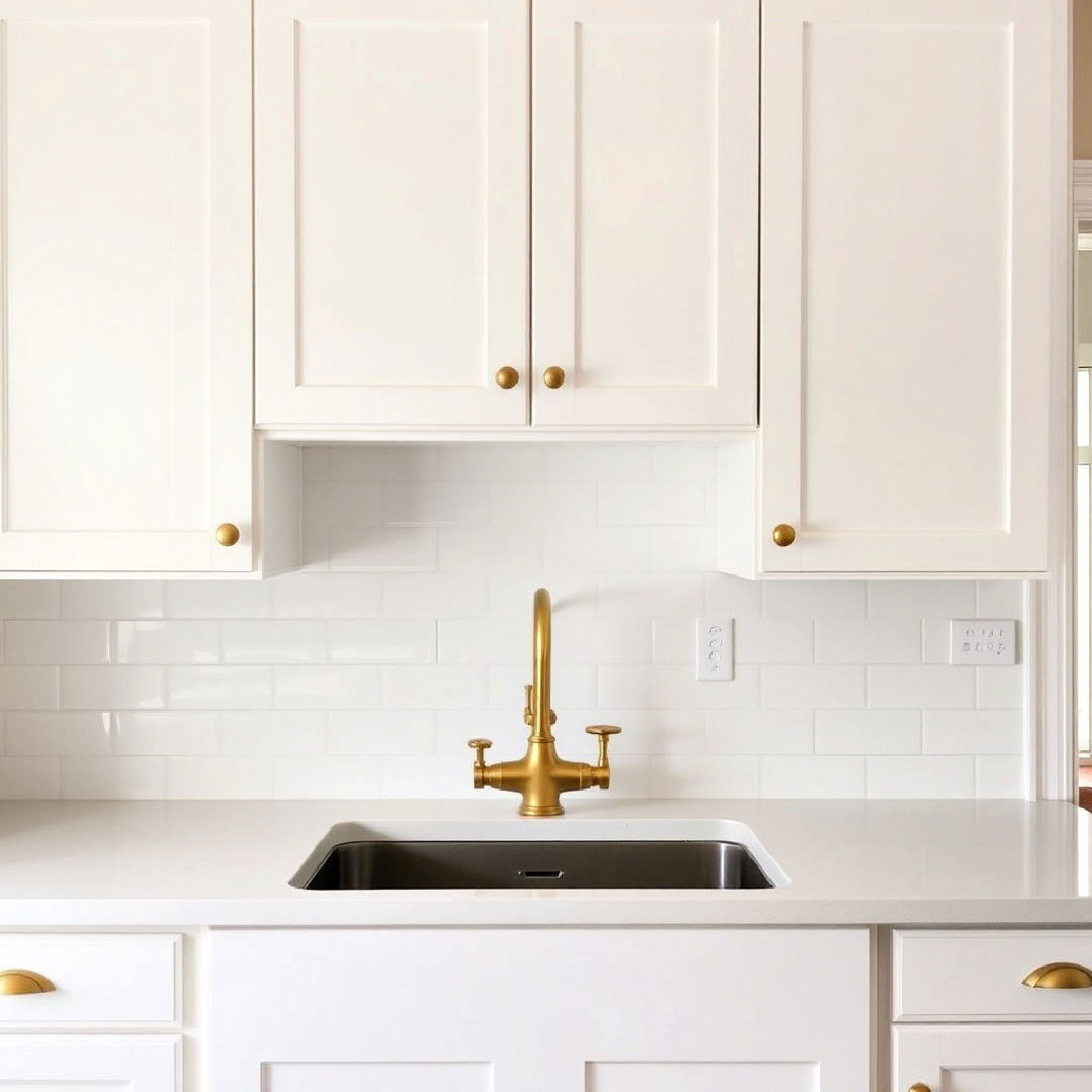 white shaker cabinets with gold faucet