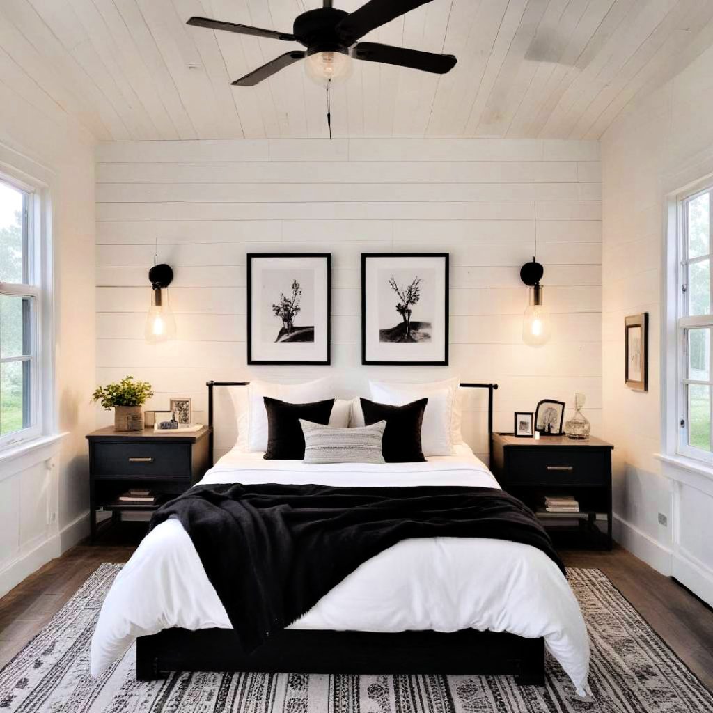 white shiplap walls with black accents