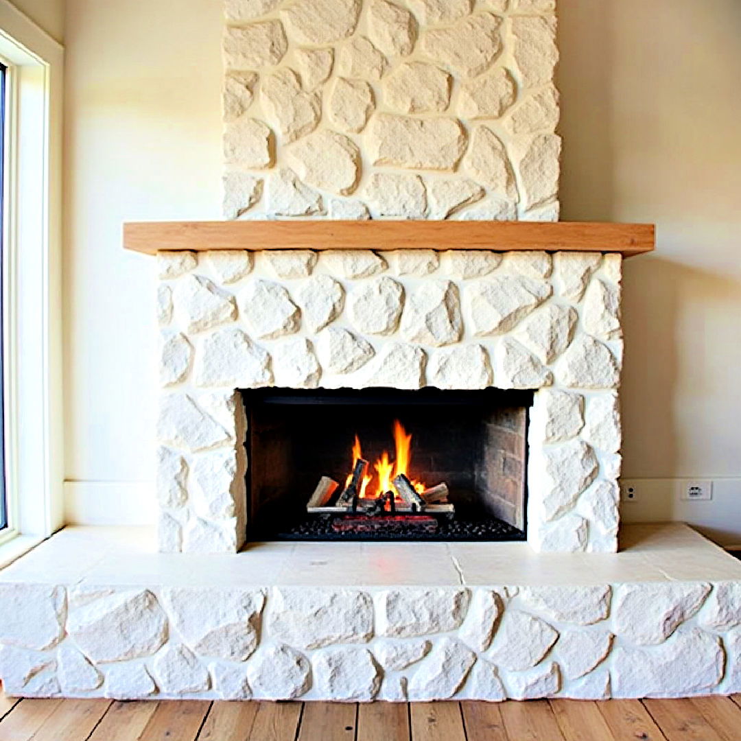 white stone fireplace for a natural look