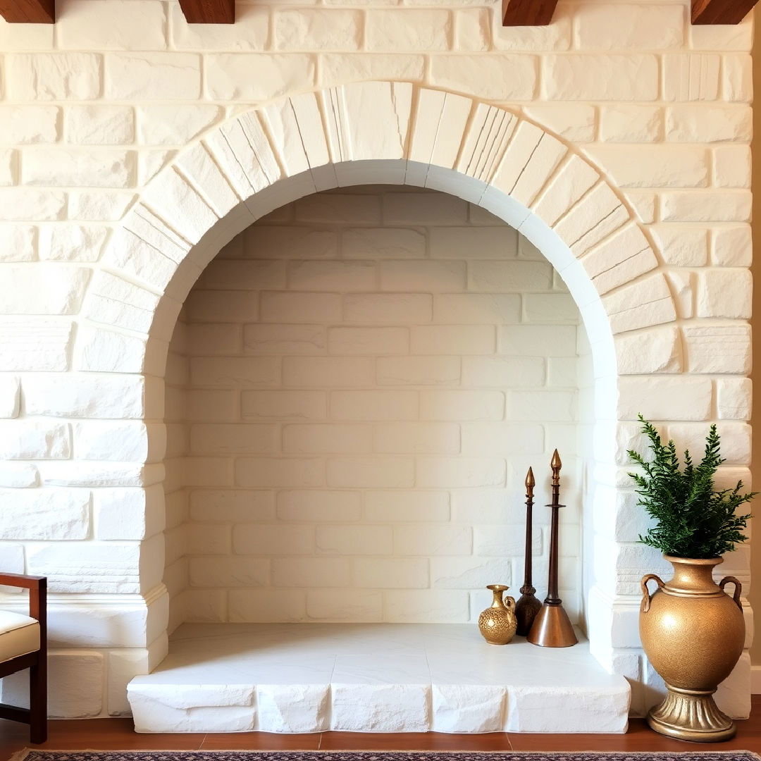 white stone fireplace with arched opening