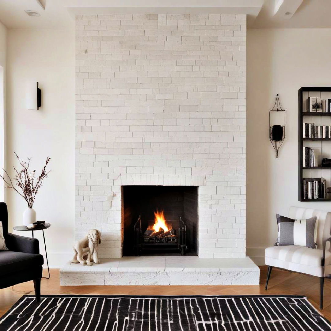 white stone fireplace with black grate for contrast