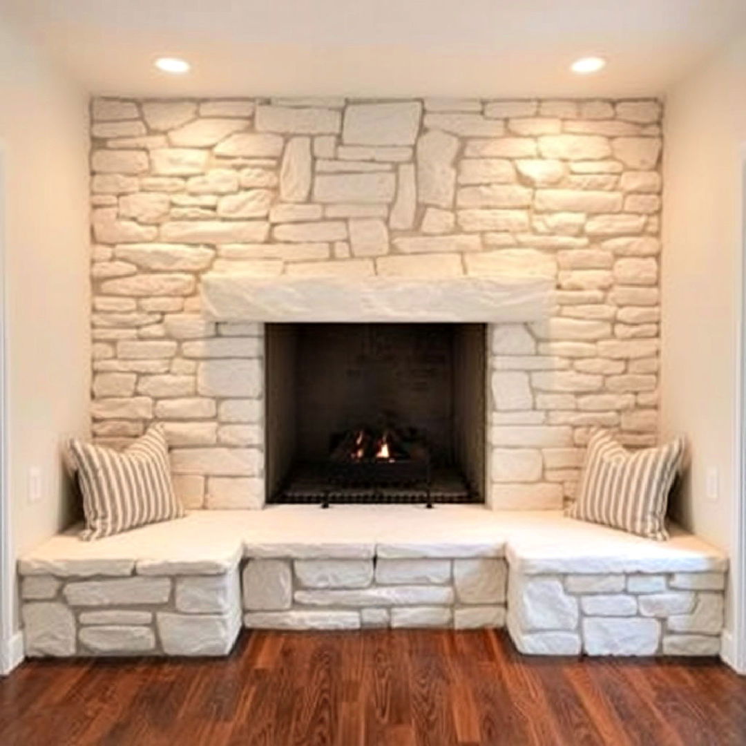 white stone fireplace with built in seating