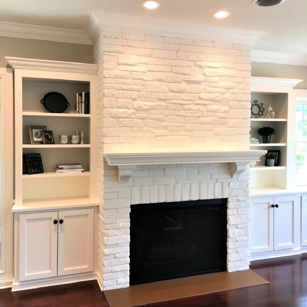 white stone fireplace with built in shelving