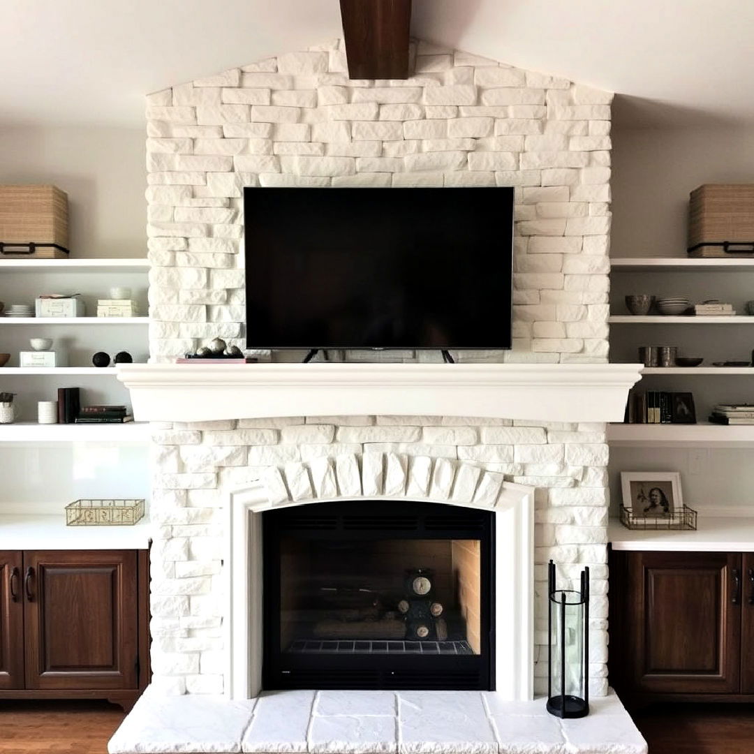 white stone fireplace with curved mantel