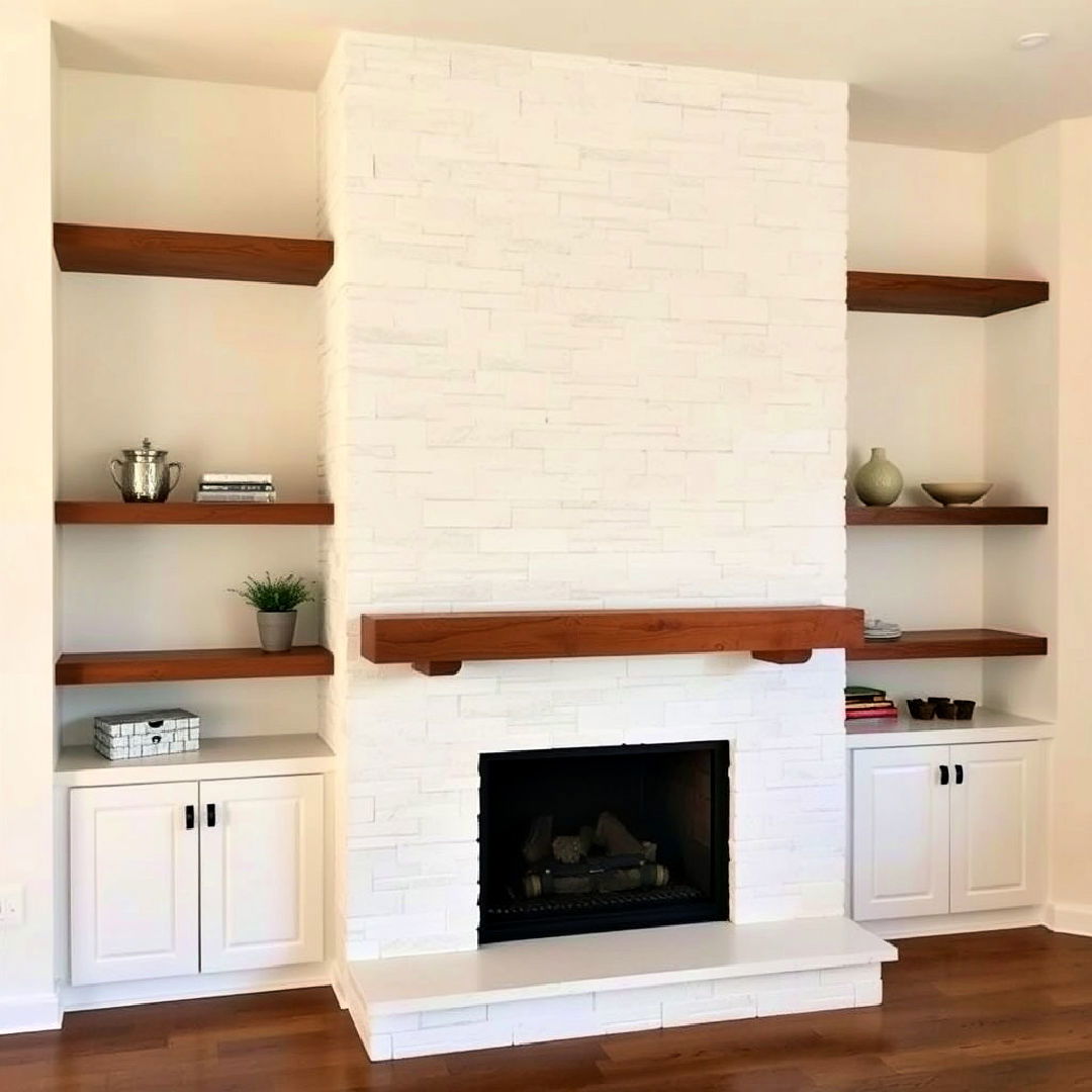 white stone fireplace with floating wooden shelves