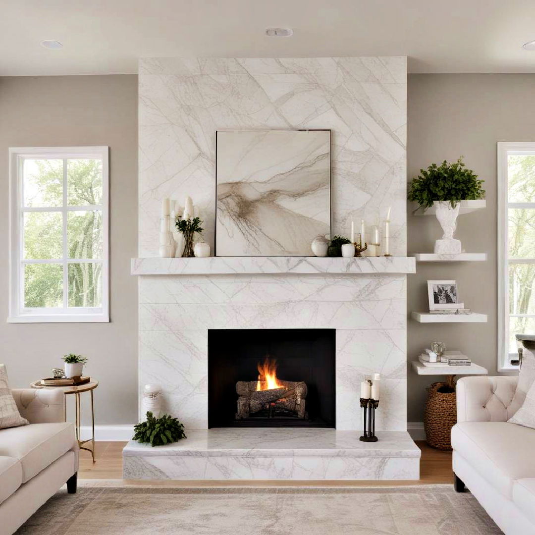 white stone fireplace with marble hearth