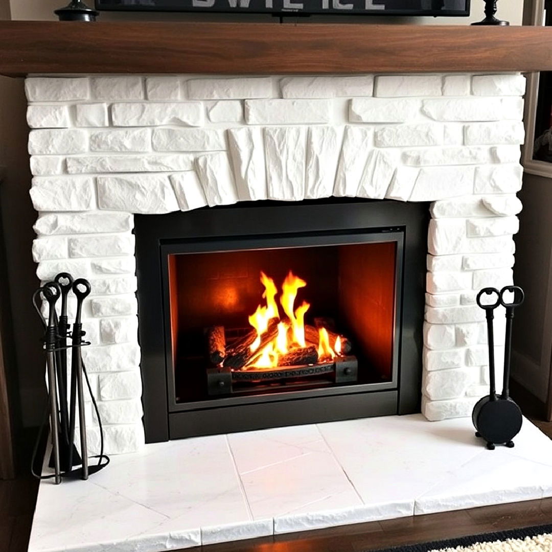 white stone fireplace with metal accents