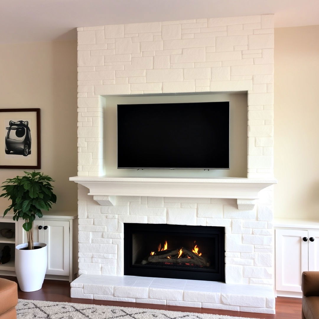 white stone fireplace with recessed tv space