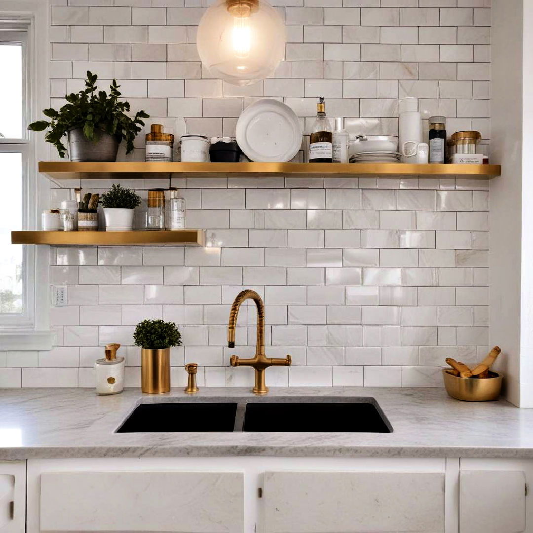 white subway tile backsplash with gold grout