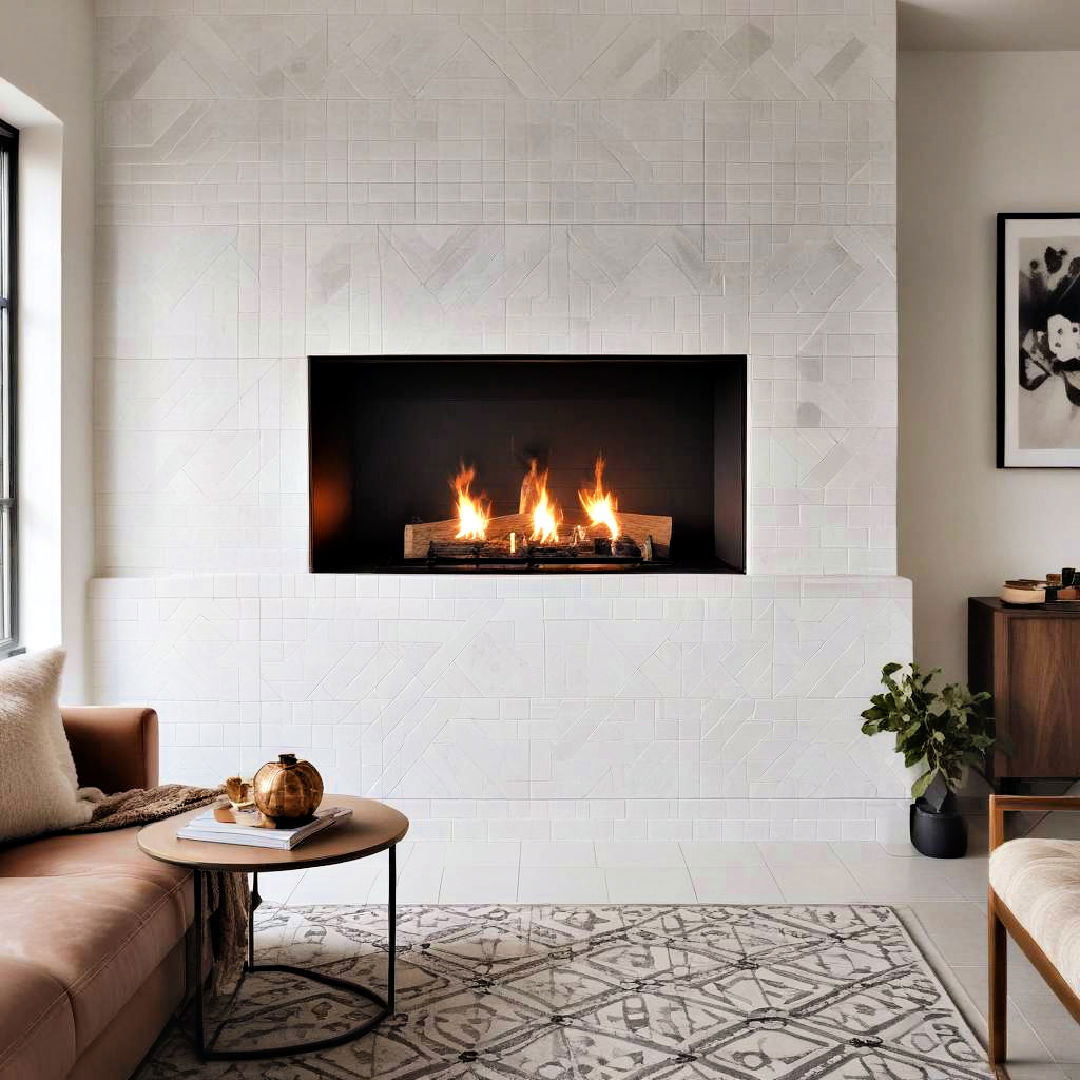 white tile fireplace with geometric patterns