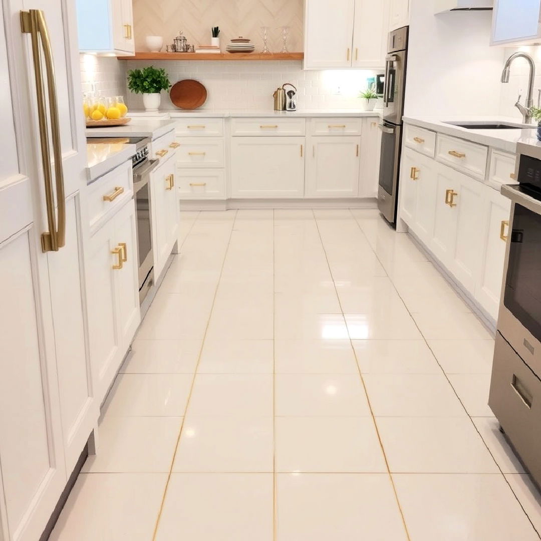 white tile floors with gold inlays