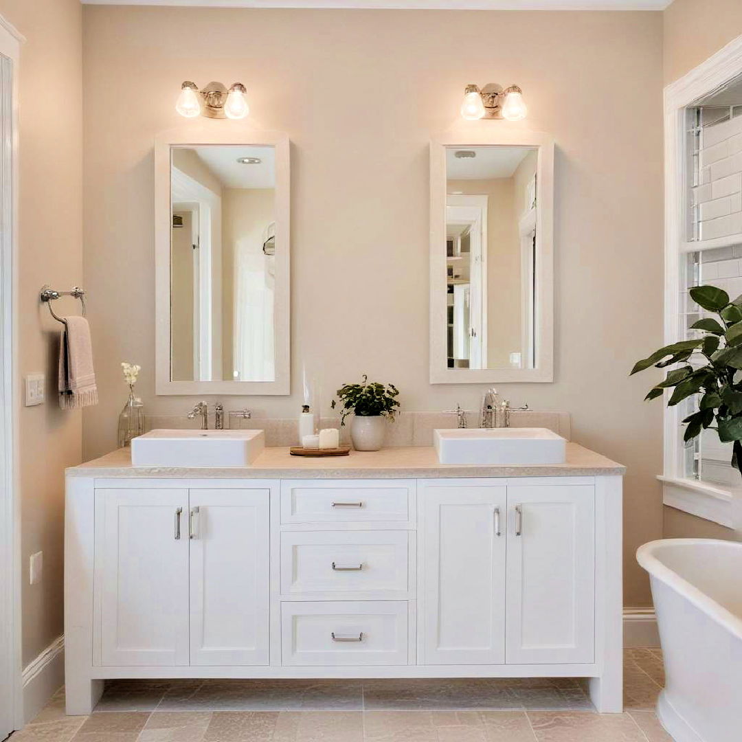 white vanity with beige stone countertop