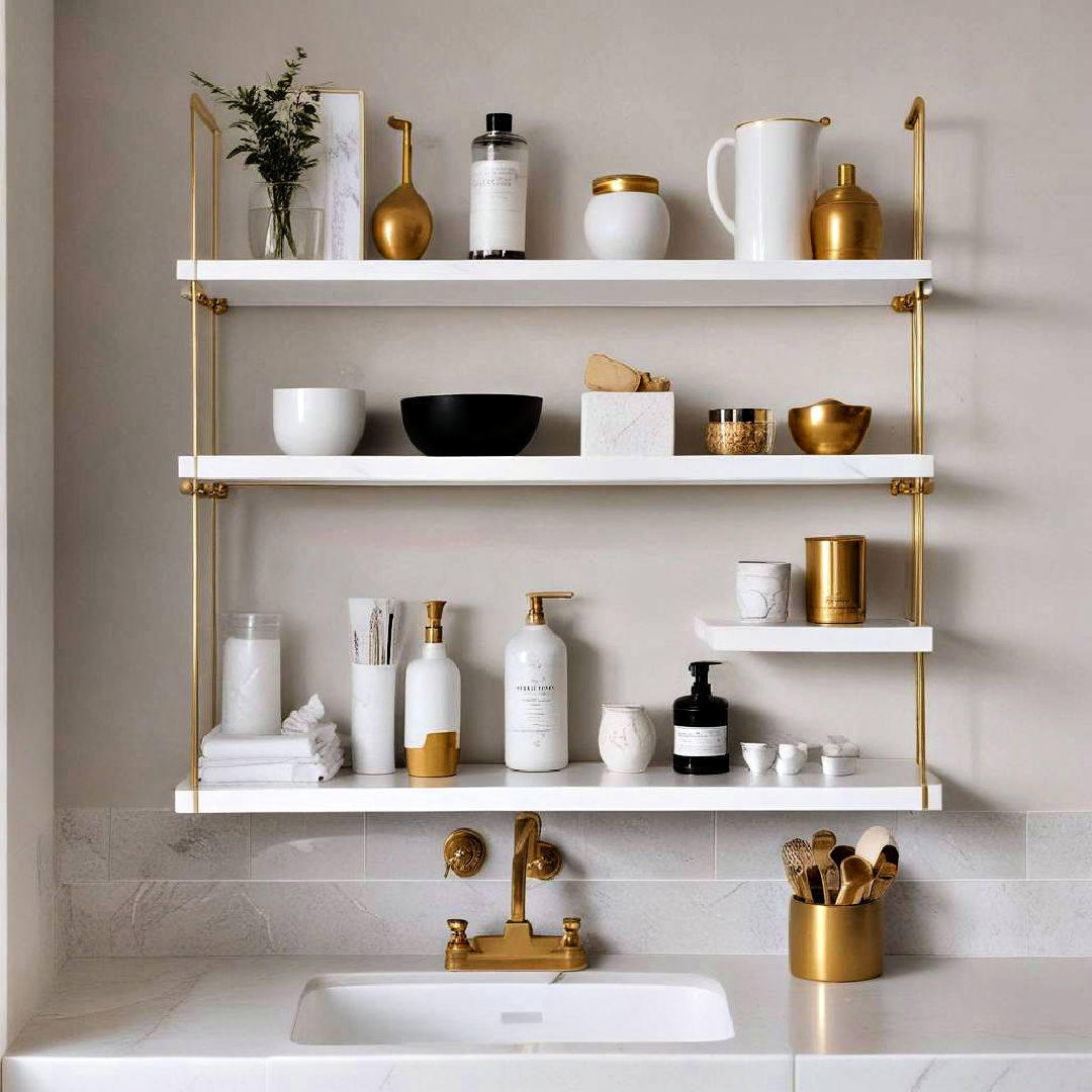 white wall mounted shelving with gold accent pieces