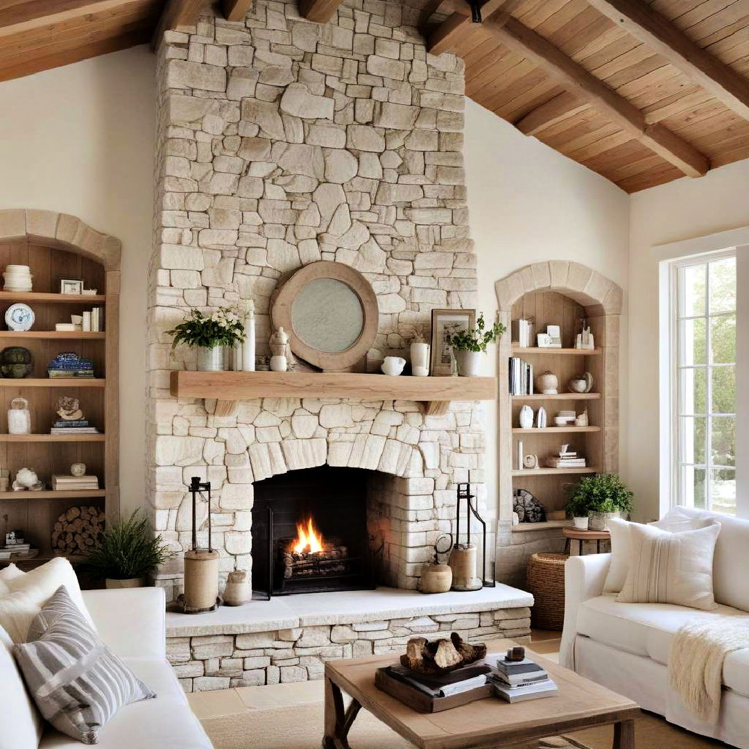 white washed stone fireplace