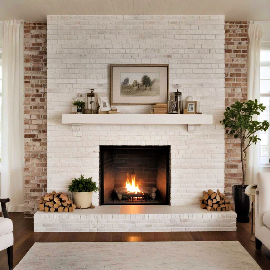 whitewashed brick fireplace