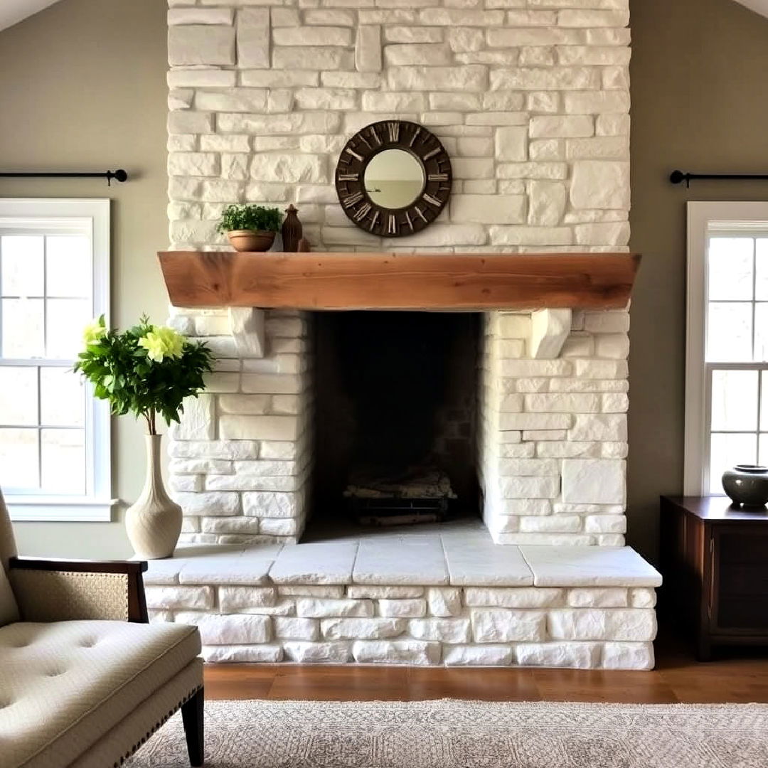 whitewashed stone fireplace for a soft weathered look