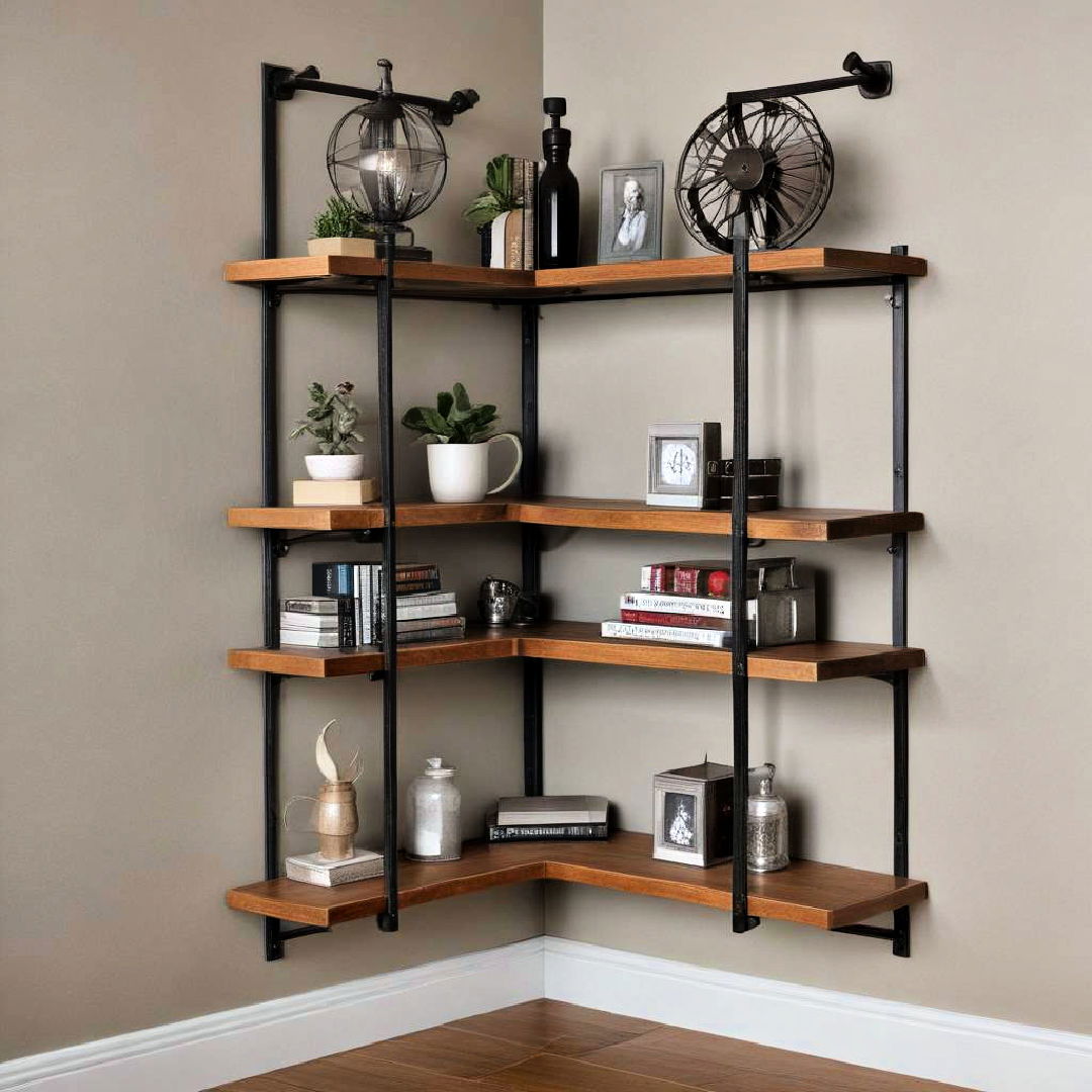 wood and metal corner shelves