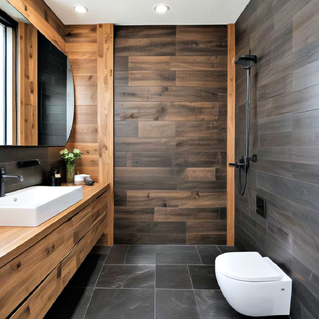 wooden accent wall with black tile flooring