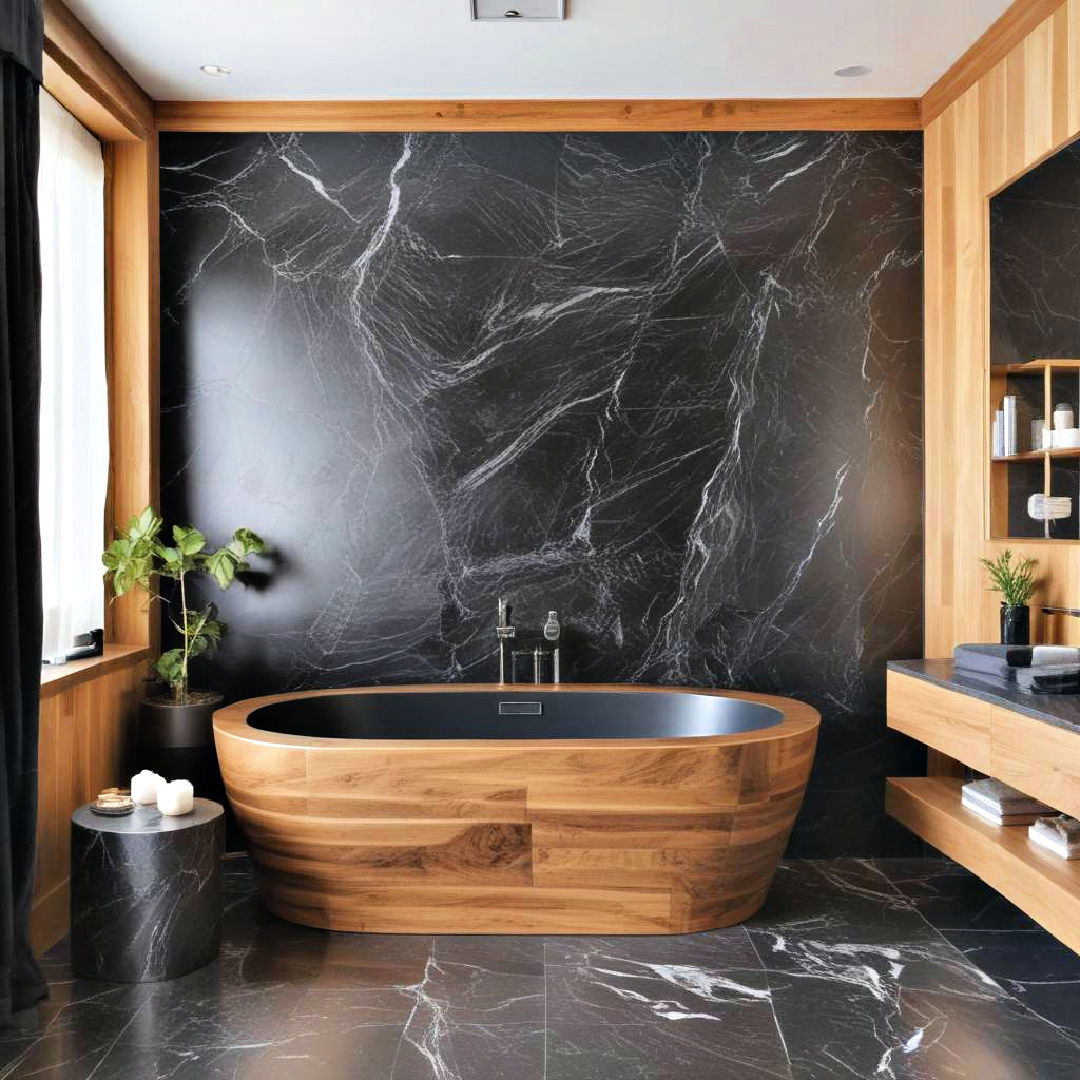 wooden bathtub surround with black marble walls