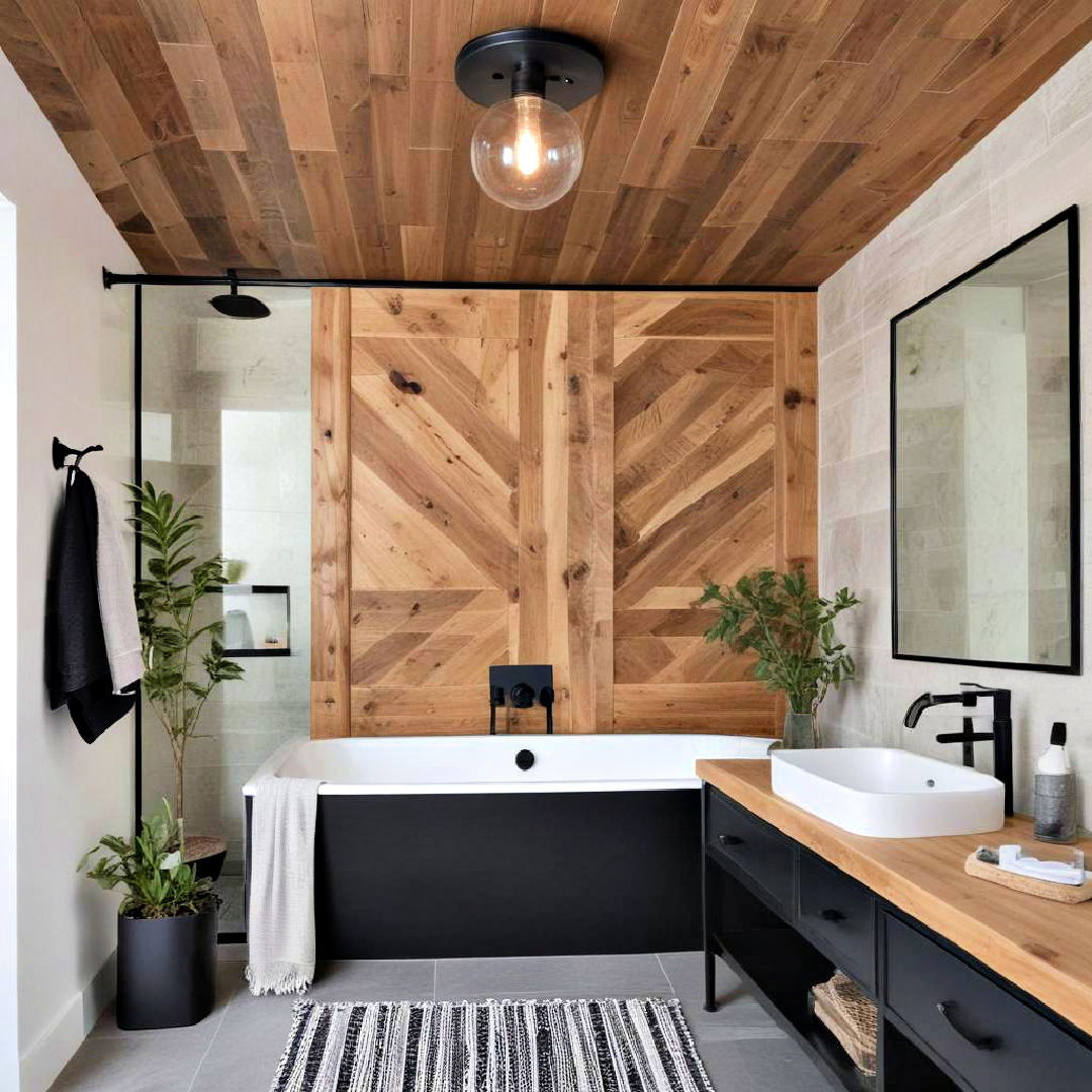 wooden ceiling with black fixtures