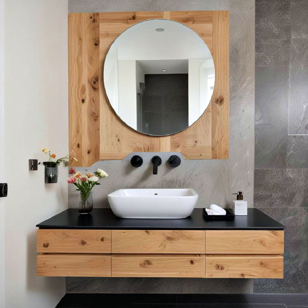 wooden floating vanity with black countertop