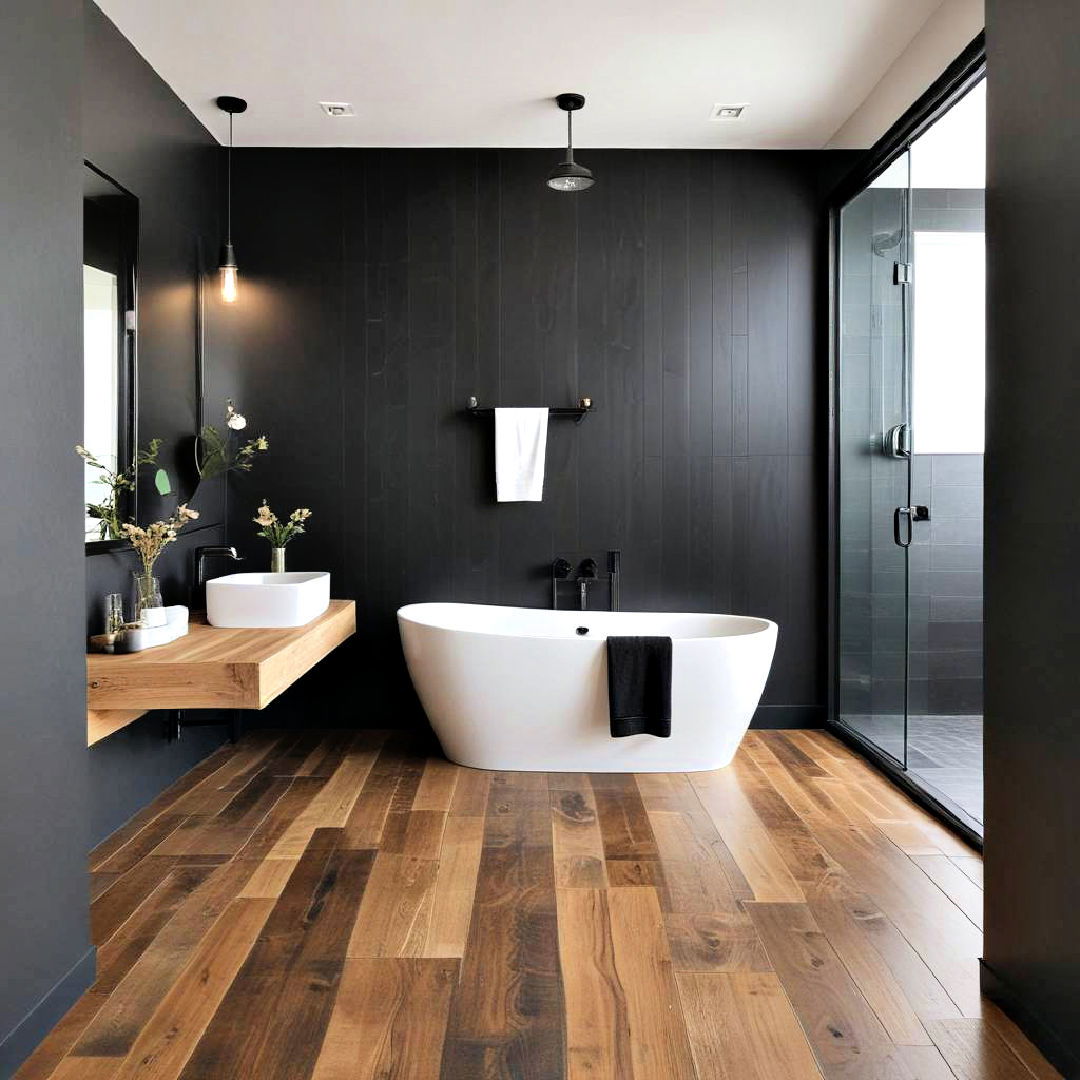 wooden floor with black wall paneling