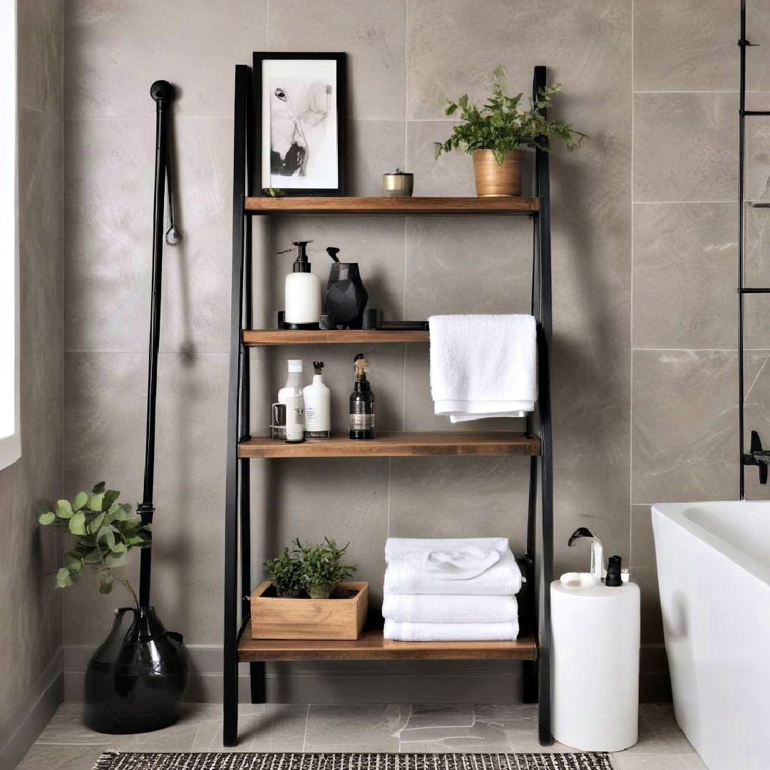 wooden ladder shelf with black accents