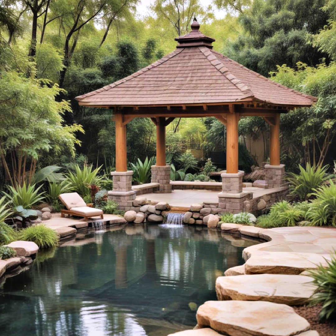 zen inspired gazebo with water features