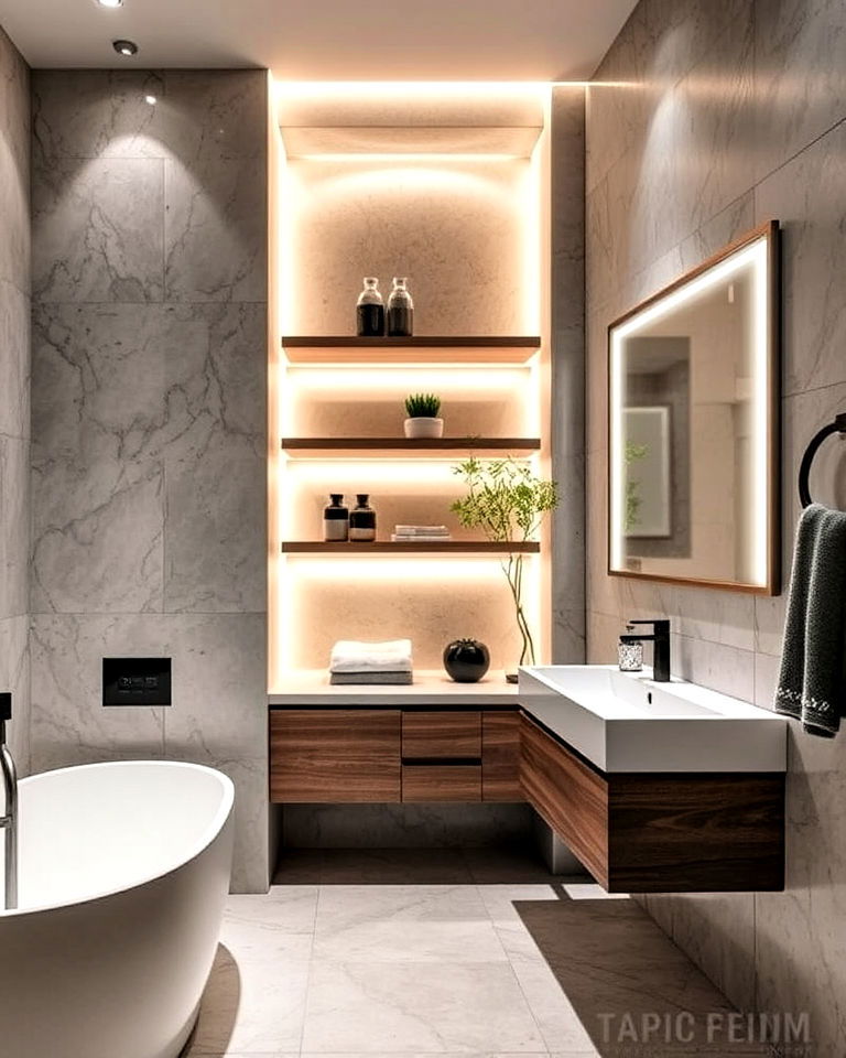 accent lighting for highlighting bathroom shelving