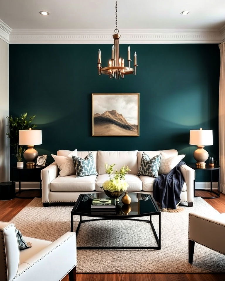 accent wall cream couch living room