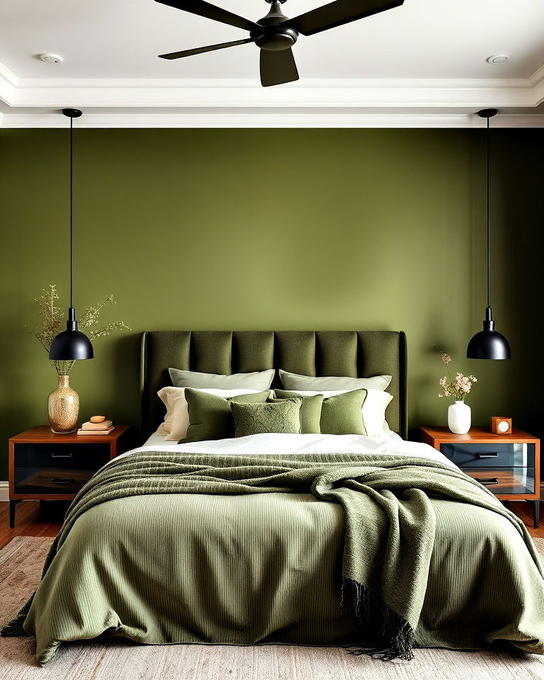 add olive green accent walls behind the bed