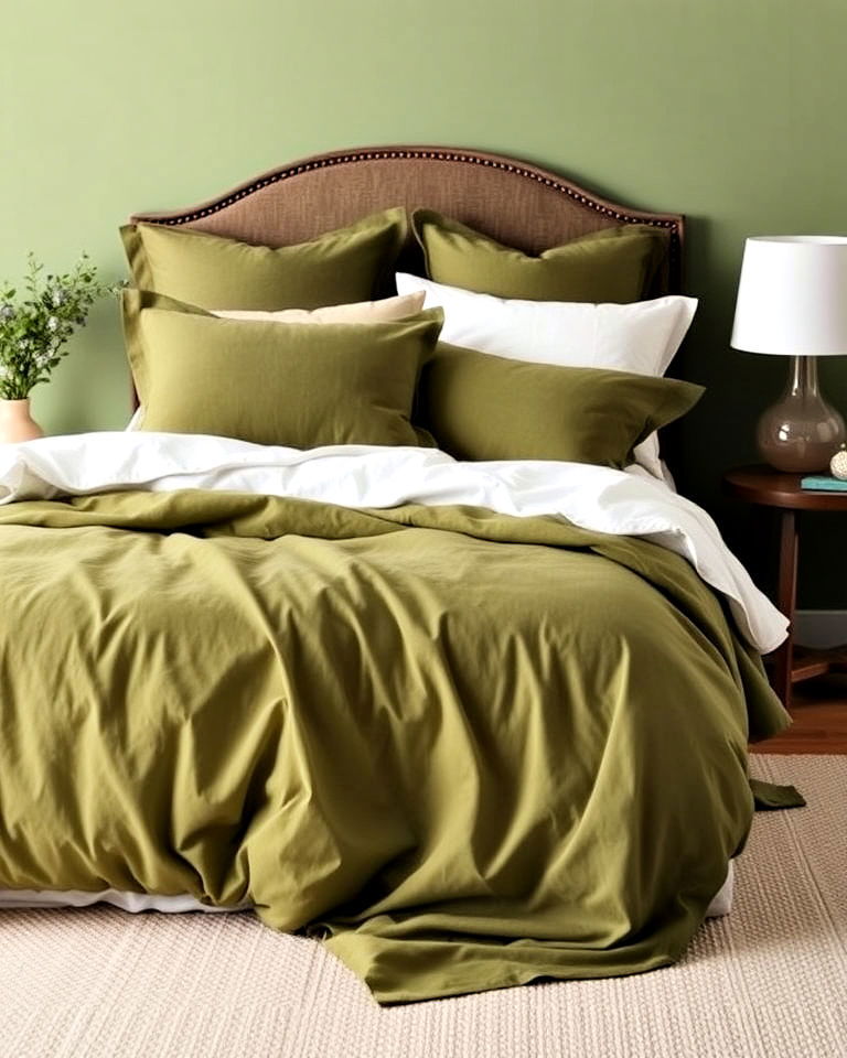 add olive green bedding for a subtle touch