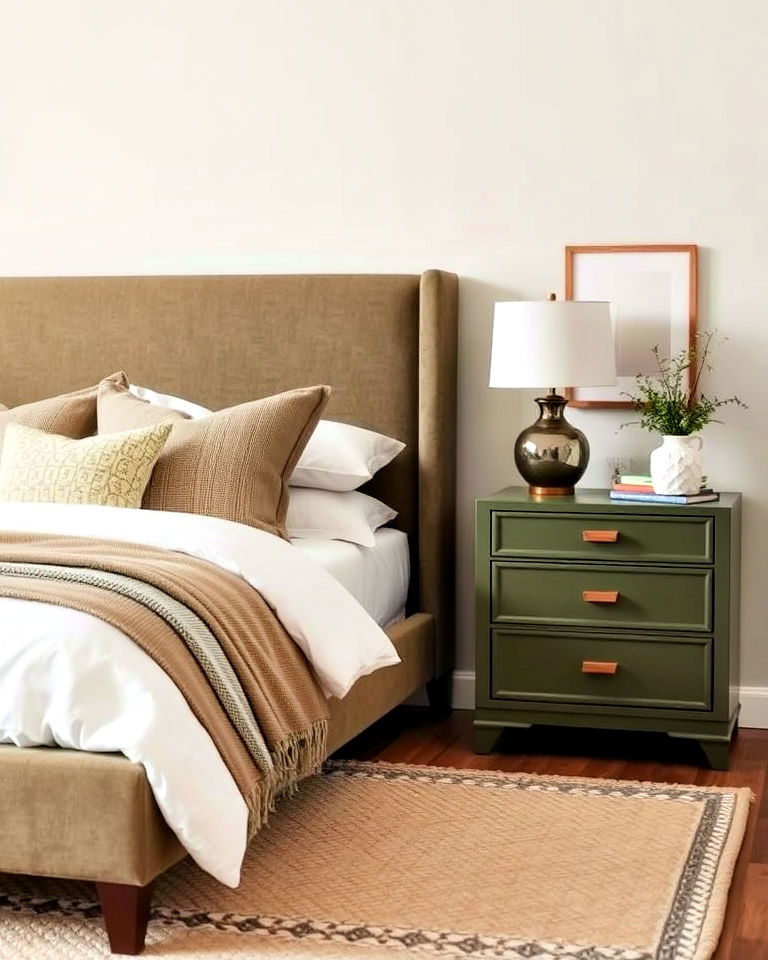 add olive green nightstands for a pop of color