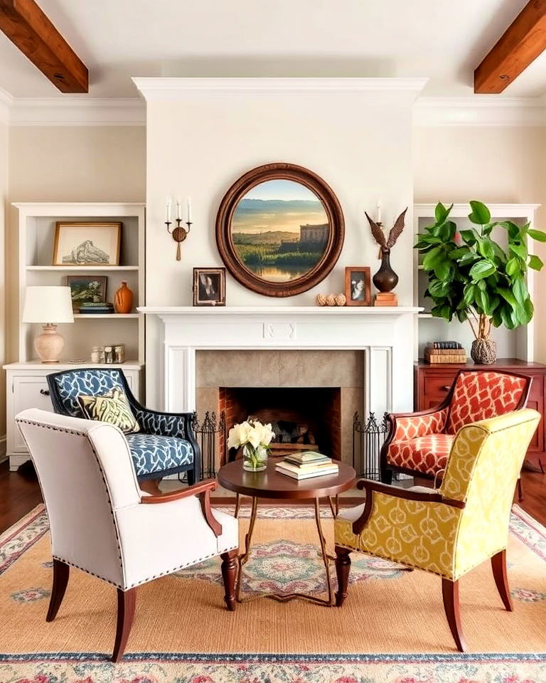 add vintage chairs around the fireplace for character