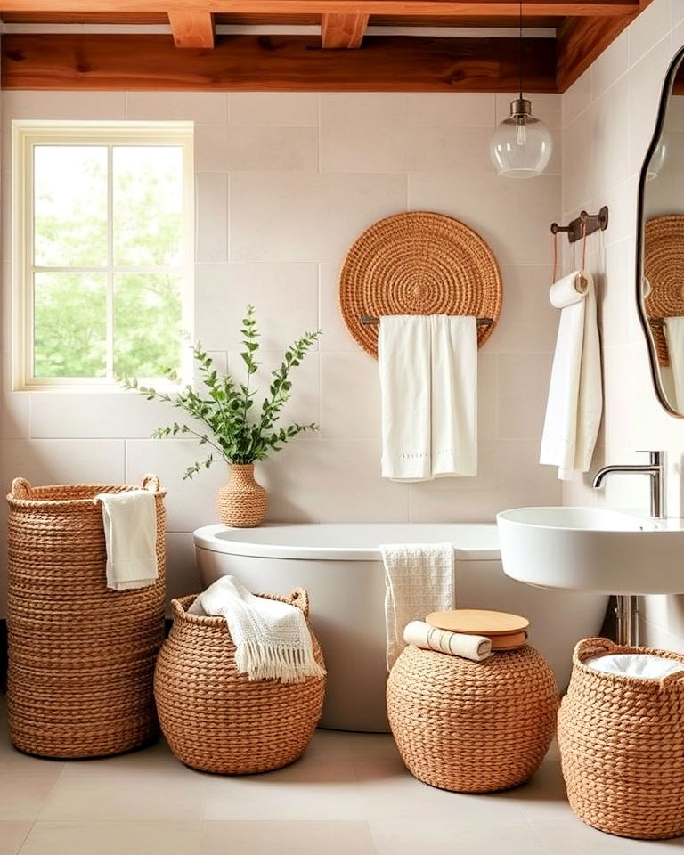 add warmth to a bathroom with woven brown baskets