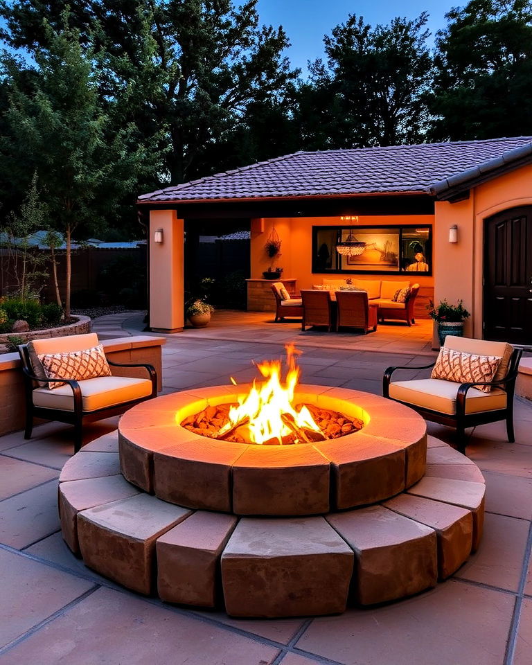 adobe style fire pit in spanish patio