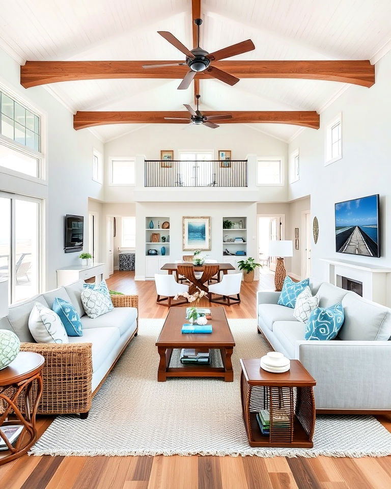 airy open concept beach living room layout