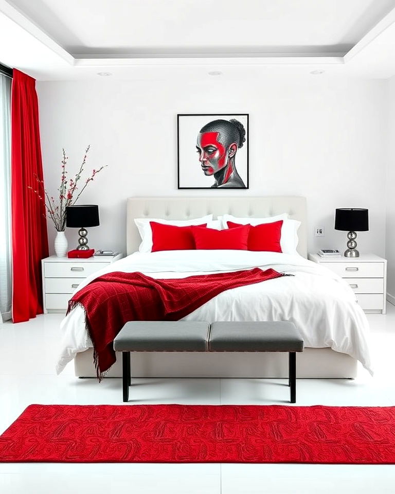 all white bedroom with red and black accents