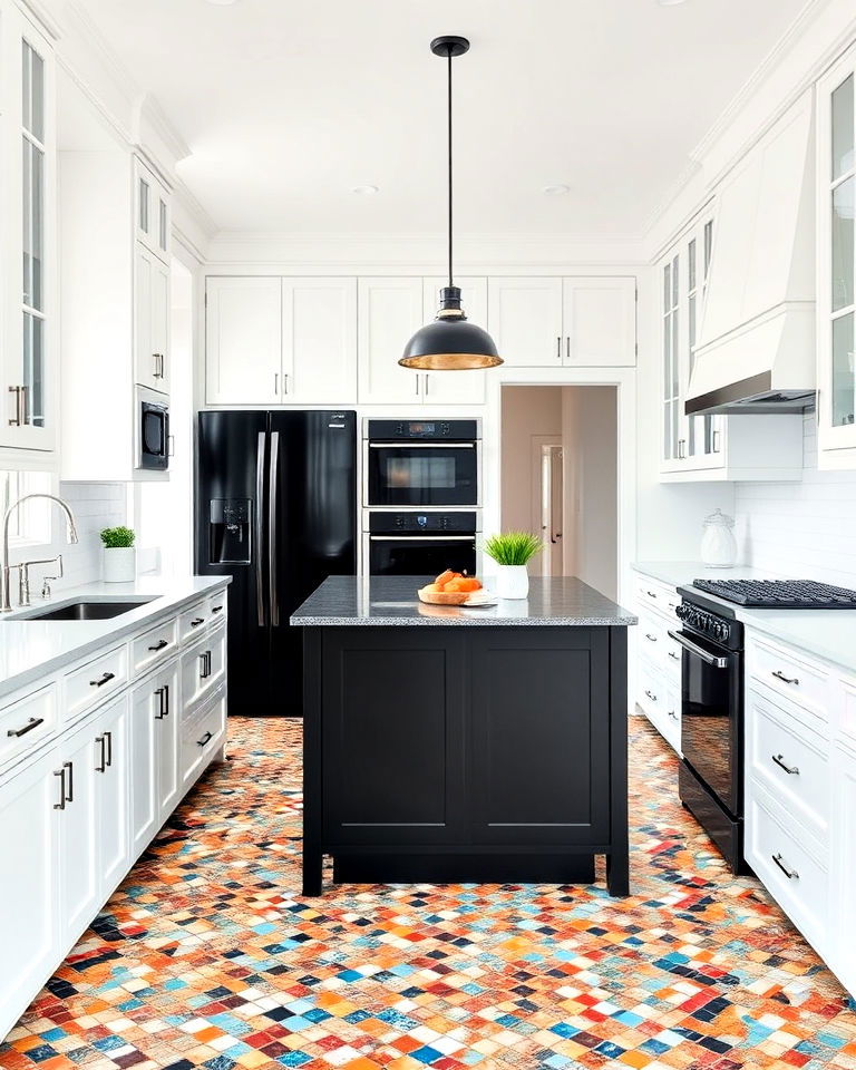 all white kitchen with black black island design