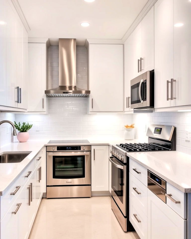 all white kitchen with stainless steel appliances