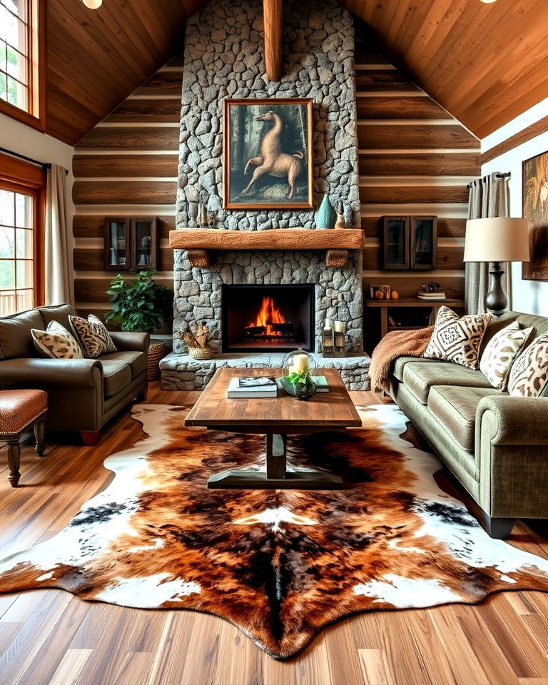 animal hide rug for cabin living room